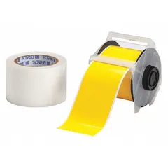 This floor marking tape is constructed of polyester with a rubber adhesive, featuring a yellow gloss finish. It is designed for marking aisles, hazards, and equipment zones in industrial facilities such as warehouses and factories.