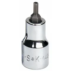 Security hex bit socket with 3/8 in drive and 1/8 in tip size, SAE. Designed for tamper-resistant fasteners with a center pin. Replaceable insert extends tool life. Suitable for automotive, industrial, and security-sensitive applications.