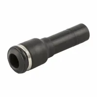 Push-to-Connect x Tube Stem fitting in black nylon with nickel-plated brass components. Connects 12 mm OD to 6 mm OD tubing without tools. Suitable for pneumatic systems in automation, packaging, and material handling