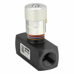 Manual needle flow control valve constructed from steel with a rotary knob for precise flow regulation. Features 3/8 in NPT female connections and a maximum pressure rating of 5,000 psi. Suitable for throttling and shut-off in hydraulic and pneumatic systems.