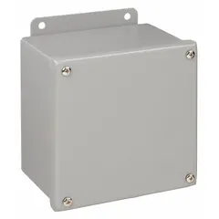 This steel enclosure measures 6 x 6 x 4 inches and is rated NEMA 12/13 for protection against dust, dirt, oil, and coolant. It features a solid cover secured with screws and does not include knockouts. Suitable for housing electrical controls, terminals, and instruments in indoor industrial environments.