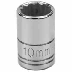 This 1/4" drive hand socket features a 10 mm metric size with a 12-point standard configuration. Constructed from chrome, it is suitable for tightening or loosening metric fasteners in automotive, machinery, and general mechanical applications.