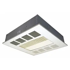 This recessed fan-forced electric ceiling heater from QMARK offers selectable wattage outputs of 2000W, 3000W, or 4000W. It operates on 277V AC, 1-phase power and features a white housing. With overall dimensions of 23-3/4 in x 23-3/4 in x 7 in, it is designed for flush ceiling mounting in commercial or industrial spaces requiring supplemental or primary heating.