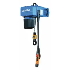 Hook-mounted electric chain hoist for heavy-duty extended-use lifting. Operates on 230V AC with two-speed control. Includes chain container; no trolley. Suitable for industrial lifting tasks requiring precise load handling.