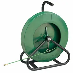Non-conductive fish tape for pulling wire through conduit, raceways, and walls. Features manual wind tape retraction and a round tape shape. Supplied in a 17-inch diameter reel stand case. 150 ft length.