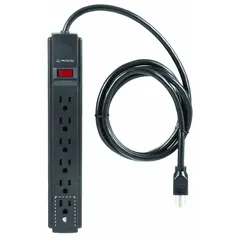 General purpose surge protector with 6 outlets, 6 ft power cord, 1050 J energy rating, and 15 A current capacity. Black housing with keyhole mounting for wall attachment. Suitable for protecting electronics in workshops, offices, and light industrial settings.