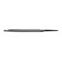 Triangular file with single-cut, smooth cut pattern for fine finishing. Tapers slightly towards the point with a natural finish. Used for sharpening saw teeth, filing keyways, and deburring internal corners on metal and wood.