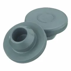Gray chlorobutyl rubber stopper for sealing pharmaceutical vials and laboratory containers. Measures 13 mm top diameter, 7.7 mm bottom diameter, 6.2 mm overall height. Complies with EP 3.2.1 standards.