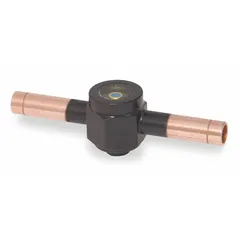 Steel sight glass with sweat connections for permanent brazed installation in copper or steel piping. Overall length 4-7/8 in, cut-out length 3.62 in. Provides visual monitoring of fluid flow, liquid level, or contamination in HVAC, refrigeration, and process lines.