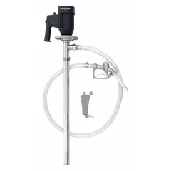This centrifugal electric drum pump is designed for transferring non-corrosive fluids from drums or containers. It features a 1 1/10 hp motor, operates on 110 V AC, and delivers 22 gpm. The pump includes a hose and nozzle, with an aluminum suction tube.