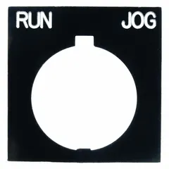 Rectangular non-metallic legend plate for 30 mm panel mounting. Overall height 3 1/4 in, width 2 1/8 in. Black body with white Run-Jog legend in English. Notch design. Used to label push-button controls in industrial machinery and control panels.