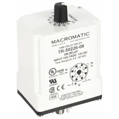 Socket-mounted time delay relay with 240V AC coil voltage and 10A contact rating. Features 8 pins/terminals for panel installation. Used in industrial control panels to delay or sequence electrical operations such as motor starts, conveyor systems, or lighting circuits.
