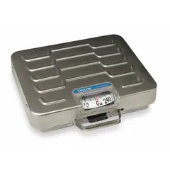 This compact bench scale from TAYLOR is designed for industrial weighing applications such as shipping, receiving, and warehouse packing stations. It features a steel platform with a 14 1/2 inch weighing surface depth and offers a 250 lb capacity with 1 lb graduations. The scale operates in imperial pounds.