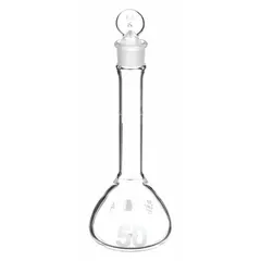 This 50 mL glass volumetric flask features a conical shape and colorless body. It meets USP Type I specifications and has a tolerance of +/-0.08 mL. Compatible with stopper size 13 and includes a closure. Used for precise liquid measurement and dilution in analytical chemistry and pharmaceutical laboratories.