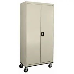 This commercial mobile wardrobe cabinet is designed for hanging garments and storing folded items. It features a full-height solid body (59" and taller) with a 36-inch overall width. The cabinet is finished in tan and comes fully assembled. Suitable for use in retail backrooms, offices, and institutional settings.