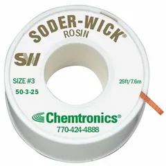 This rosin flux desoldering braid is used to remove excess solder from electronic assemblies during rework or repair. The rosin flux core aids solder absorption, making it suitable for PCB touch-ups, component removal, and through-hole desoldering. Width: 0.08 in, length: 25 ft, color: green, classification: Std, ROL0 designation.