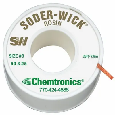 CHEMTRONICS Rosin Flux Desoldering Braid, #3, 0.08 in x 25 ft, Green, Std, ROL0 - Rosin Flux Desoldering Braids