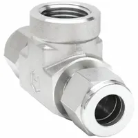 This HAM-LET Let-Lok double-ferrule compression tee fitting is made of stainless steel and sized for 1/2 in OD tubing on all three ports. It is compatible with Swagelok brand fittings. The double-ferrule design provides a leak-tight connection in tubing systems for applications such as instrumentation, chemical processing, and hydraulic lines