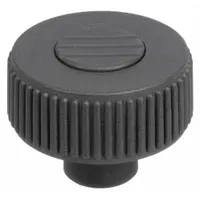 Knurled knob with threaded hole for manual adjustment and clamping on machinery, jigs, and fixtures. Gray plastic body with steel thread insert. Diameter 40 mm, thread 5/16-18, thread length 14 mm