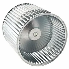 Dual-inlet forward-curved blower wheel with steel construction, concave design, and CW Closed End rotation. Features a 12-inch diameter, 10 1/2-inch width, 1/2-inch bore, and single inlet. Used in forced-air HVAC systems for moving air across heat exchangers or evaporator coils.