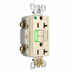 This LEGRAND GFCI is a hospital-grade duplex receptacle with a 5-20R configuration, rated 125V AC and 20A. It features a light almond finish and is designed for 2-pole/3-wire grounding. Typical applications include commercial and healthcare environments where ground-fault circuit interruption is required for personnel protection.