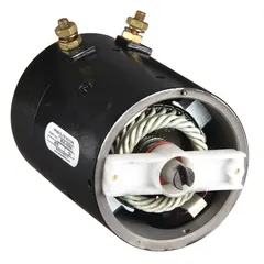 DC wound field motor for hydraulic lift applications. Operates at 12V DC nameplate voltage with CWSE rotation. Overall length 7 13/16 in. Suitable for use in scissor lifts and material handling platforms.