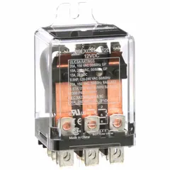 Surface-mounted relay with side flange mounting, octal base, and quick-connect terminals. Features 3PDT contact configuration rated 20 A at 12V DC. Operating current 6.67 A at 277V AC (ballast). Suitable for switching high-current loads in control panels and automation systems.