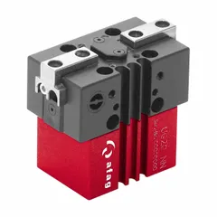 Pneumatic two-finger parallel gripper with 4 mm stroke length. Operates at 4 bar to 8 bar, with 8 bar maximum and 4 bar minimum operating pressure. Metric unit designed for precise gripping in industrial automation, such as pick-and-place, assembly, and robotic end-of-arm tooling.
