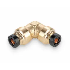 This brass push-to-connect elbow fitting connects two 3/16 in OD tubes with a 90-degree turn. It is used in air brake systems and pneumatic circuits for secure, leak-free joints without tools.