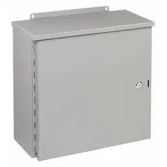 This WIEGMANN steel enclosure measures 20 x 20 x 8 inches and features a solid, hinged cover with a painted finish. Rated NEMA 3R, it provides protection against rain, sleet, and ice formation. The enclosure uses a 1/4-turn latch for secure closure and does not include knockouts. Suitable for housing electrical distribution, junction boxes, or control equipment in indoor or outdoor applications.