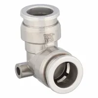 Stainless steel push-to-connect elbow fitting with 1/2 in OD tube connections on both ends. Provides a 90-degree turn for routing tubing in pneumatic systems. Suitable for industrial automation, packaging, and material handling applications requiring leak-free connections