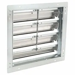 This wall-mount backdraft damper features a single panel with flat blades, designed for horizontal airflow in vertical mounting positions. It measures 19 inches high by 19 inches wide by 2 1/2 inches deep and supports a maximum air velocity of 2500 fpm. Suitable for ventilation systems requiring one-way airflow control.