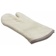 Terry cloth oven mitt in tan color with 17-inch overall length. Designed for handling hot cookware, bakeware, and oven trays in commercial kitchens and food service environments. Provides heat protection and forearm coverage.