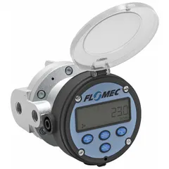 Oval gear totalizer for fuel oils, fuels, grease, lubricants, and oils. Constructed with aluminum housing, digital display, 4-20 mA output, accuracy ±0.5%, max voltage 30V DC. Suitable for industrial fluid handling and volumetric flow monitoring.