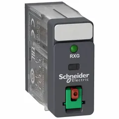 Plug-in relay with square base and flat pins. DPDT contact configuration rated 5 A at 48V AC. Quick-connect terminals with 8 pins. For use with J socket in control panels and industrial switching applications.