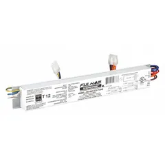 This programmed rapid start electronic fluorescent ballast from FULHAM supports one or two F48T8 lamps at 44 W total bulb wattage. It operates on 120 to 277V AC input and measures 12 inches in overall length. Suitable for use in commercial and industrial lighting fixtures such as troffers, strip lights, and signage.