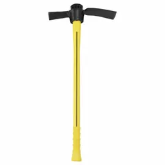 Cutter mattock with steel head and fiberglass handle. Adze length 9 1/4 in, adze width 2 7/8 in. Used for digging, chopping roots, and breaking soil or rock in ground preparation and trenching tasks.