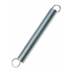 This steel tension spring is designed as a replacement part for hand trucks, providing tension to secure loads or assist in folding mechanisms. It measures 2 1/2 inches in overall length and 3/8 inches in width, and includes mounting hardware for installation.