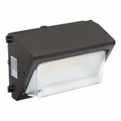 LED full-size wall pack with selectable lumen outputs of 10,080 lm, 11,360 lm, 12,330 lm, or 13,600 lm. Operates on 120 to 347V AC. Bronze finish. Suitable for exterior building illumination, parking lots, and security lighting.