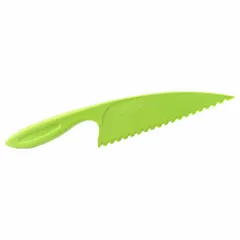 This 12-inch lettuce knife features a serrated nylon blade and a nylon handle in green. The serrated edge cuts through lettuce and other produce without causing browning or bruising. NSF certified for use in commercial food preparation environments.