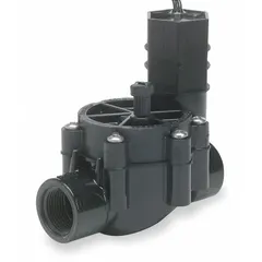 Plastic inline irrigation valve with 3/4" female NPT connections. Measures 5 inches in height and 4.75 inches in width. Used to control water flow in sprinkler systems for turf, landscape, and agricultural irrigation.