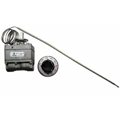 Gas thermostat for LP fuel with dial range 300 to 650°F. Features 1/2" pipe gas connection, 48" capillary, and 3/16" bulb diameter. Used in commercial cooking equipment for oven temperature control.