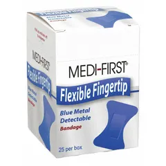 Fabric fingertip bandage with metal-detectable properties for use in environments where contamination control is critical. Measures 1 7/8 in length by 1 1/2 in width, unitized, non-sterile, and latex free. Not water resistant. Meets Medical Device standards. Suitable for general first aid in industrial settings where metal detection is required.