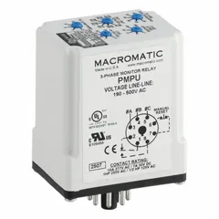 Socket-mounted relay for monitoring phase unbalance in three-phase systems. Rated 10 A at 190-500V AC. Detects voltage imbalances and disconnects load to protect motors and equipment. Suitable for industrial motor control panels, HVAC, and pump stations.