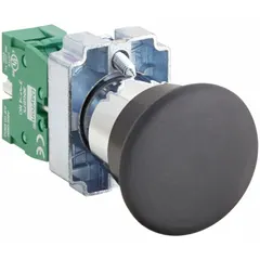 Momentary-action push button with a metallic mushroom head profile for easy actuation. Features a 22 mm mounting size, 1 normally open (1NO) contact, and pressure plate terminals. Suitable for industrial control panels and machinery where a large, tactile operator is required.