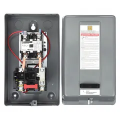 Enclosed non-reversing magnetic motor starter with thermal overloads for starting and protecting single-speed motors. Features 2 poles, 30 A rating, and 208-240V AC coil. One thermal unit required (not included). Suitable for HVAC, pumps, and conveyor applications.