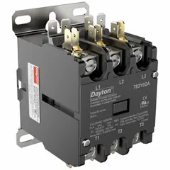 Three-pole non-reversing definite purpose contactor with 24V AC coil and 25 A rating. Features 3NO main pole contacts, box lug terminals, and through-panel mounting. Suitable for switching three-phase loads in HVACR equipment such as compressors, condenser fans, and pumps.