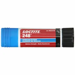 LOCTITE 248 is a blue, no-drip stick threadlocker in a 0.67 oz size. It provides medium-strength locking for threaded fasteners, securing them against vibration loosening and leakage. The stick format allows clean application without dripping, suitable for vertical or overhead use.