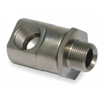 Carbon steel hose reel swivel with 3/4 in FNPT inlet and 3/4 in MNPT outlet. Designed for REELCRAFT 80000 reel series. Features TFE/P seal material and maximum operating pressure of 3,000 psi. Used to connect fixed inlet to rotating reel outlet, preventing hose twisting in fluid transfer applications