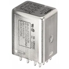 OMRON MY Series hermetically sealed relay with 4PDT contacts, 3 A current rating, and 12V DC coil voltage. Square base with plug-in mounting, 14 flat pins, and quick-connect terminals. Suitable for industrial control panels and automation systems requiring protection against dust, moisture, or corrosive gases.
